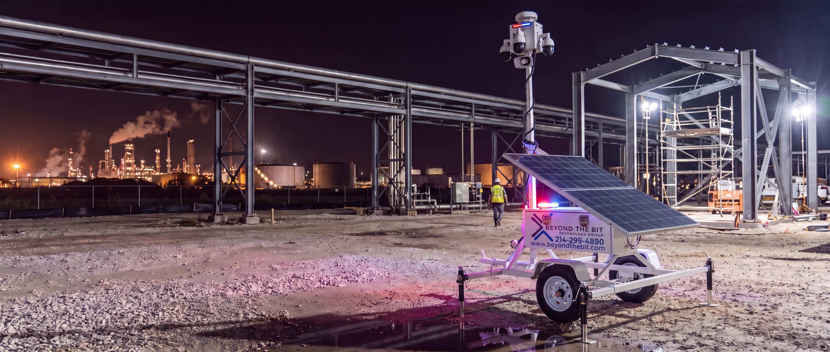 A Beyond the Bit security trailer with its camera mast fully raised on a heavy industrial construction pad at night, a pipe rack and steel frame beside it and a lit plant on the horizon.