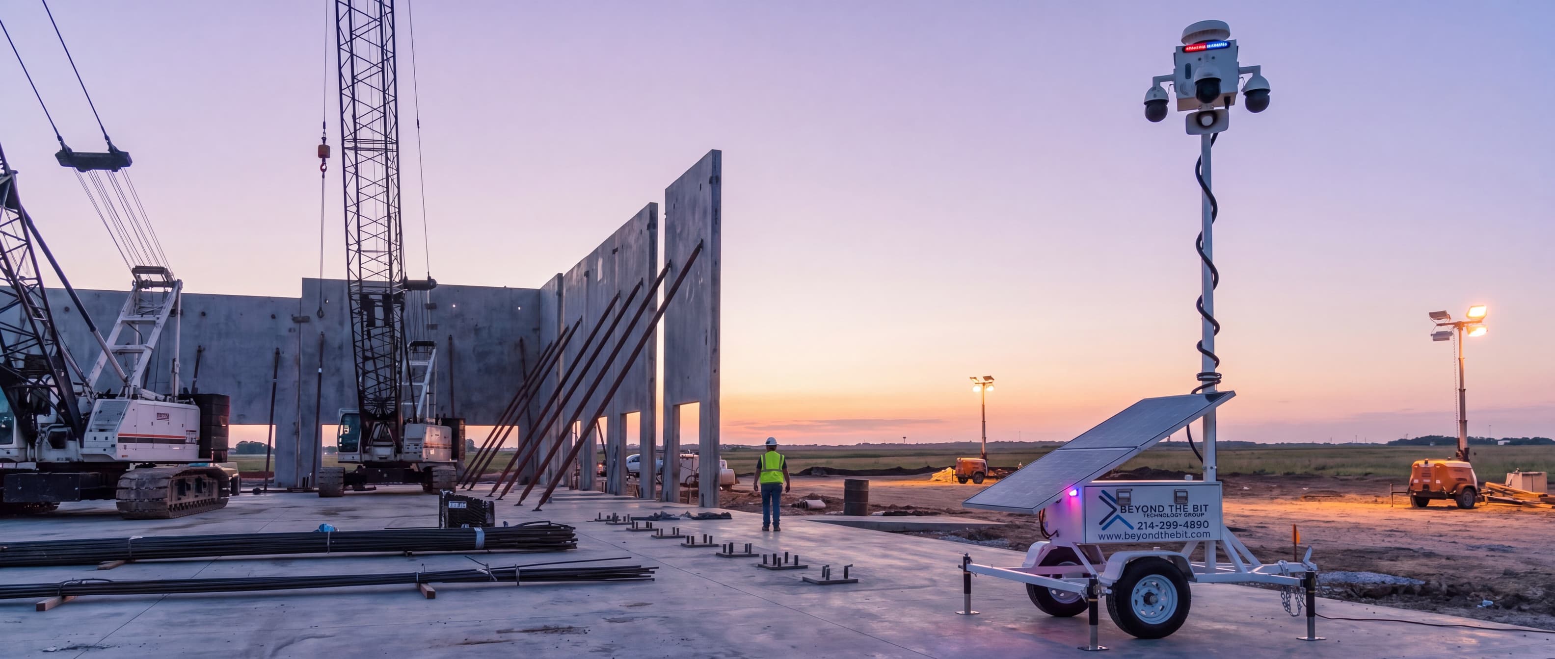 A Beyond the Bit security trailer at dusk on the slab of a tilt-wall shell build, camera mast fully raised beside freshly braced concrete panels and a crawler crane on a flat, open prairie horizon.