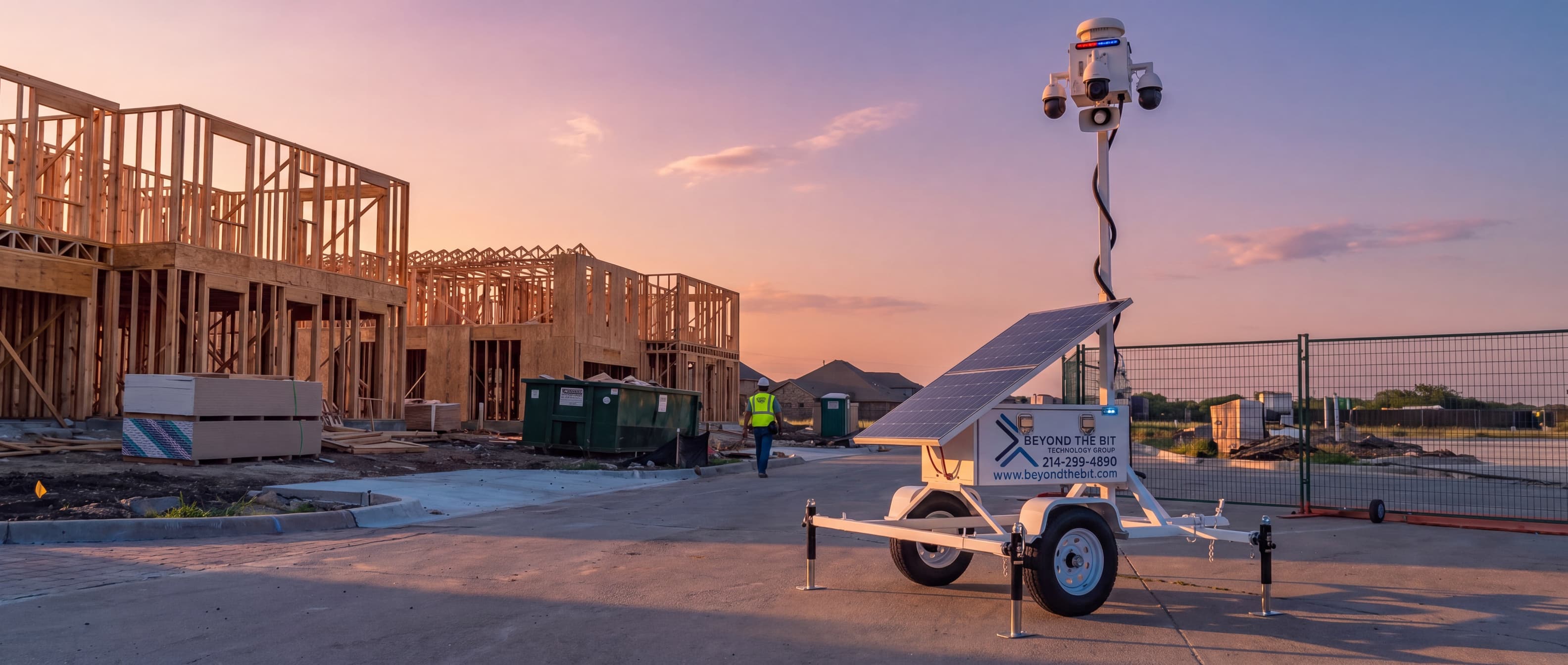 A Beyond the Bit security trailer at sunset on the new street of a North Texas townhome block still in open framing, camera mast fully raised, stacked drywall and a dumpster inside the fence.