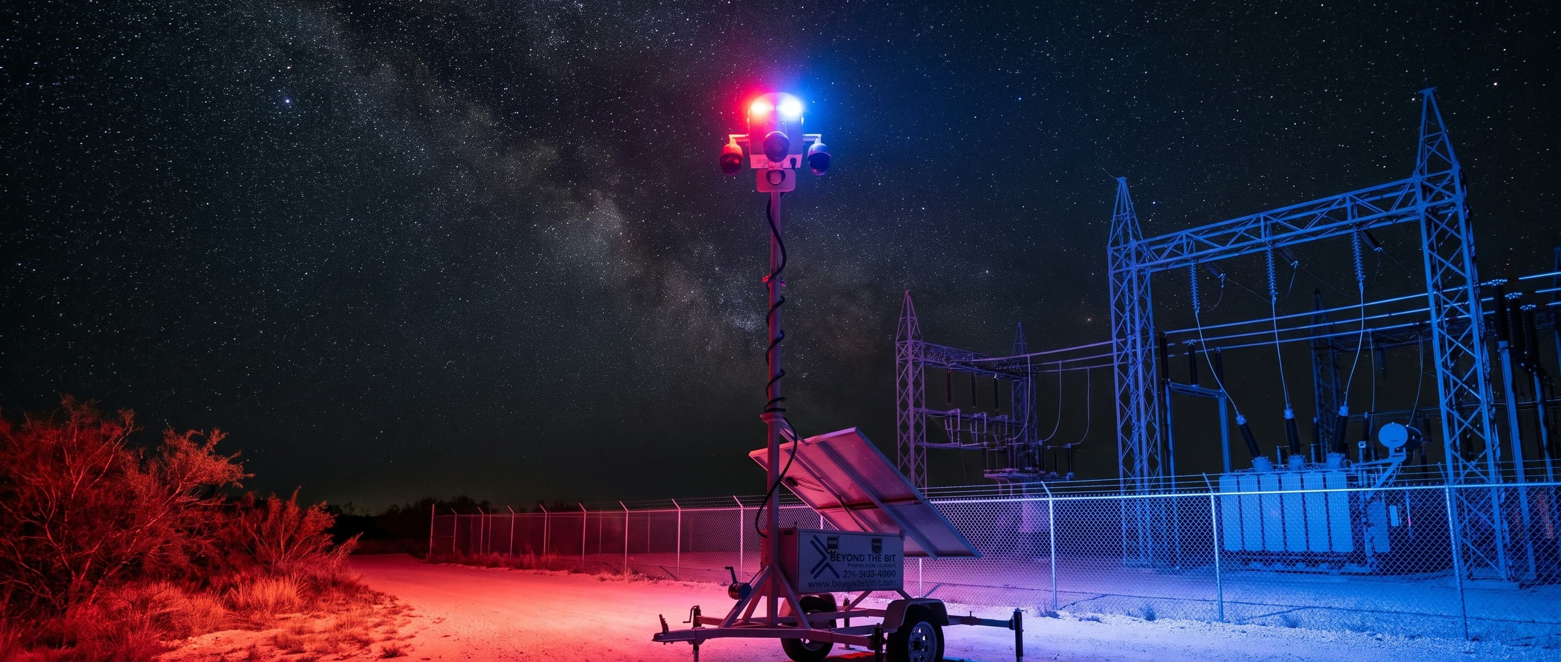 A security trailer under a clear starfield on a remote West Texas energy site, solar panels angled on the cabinet and the camera mast fully raised.