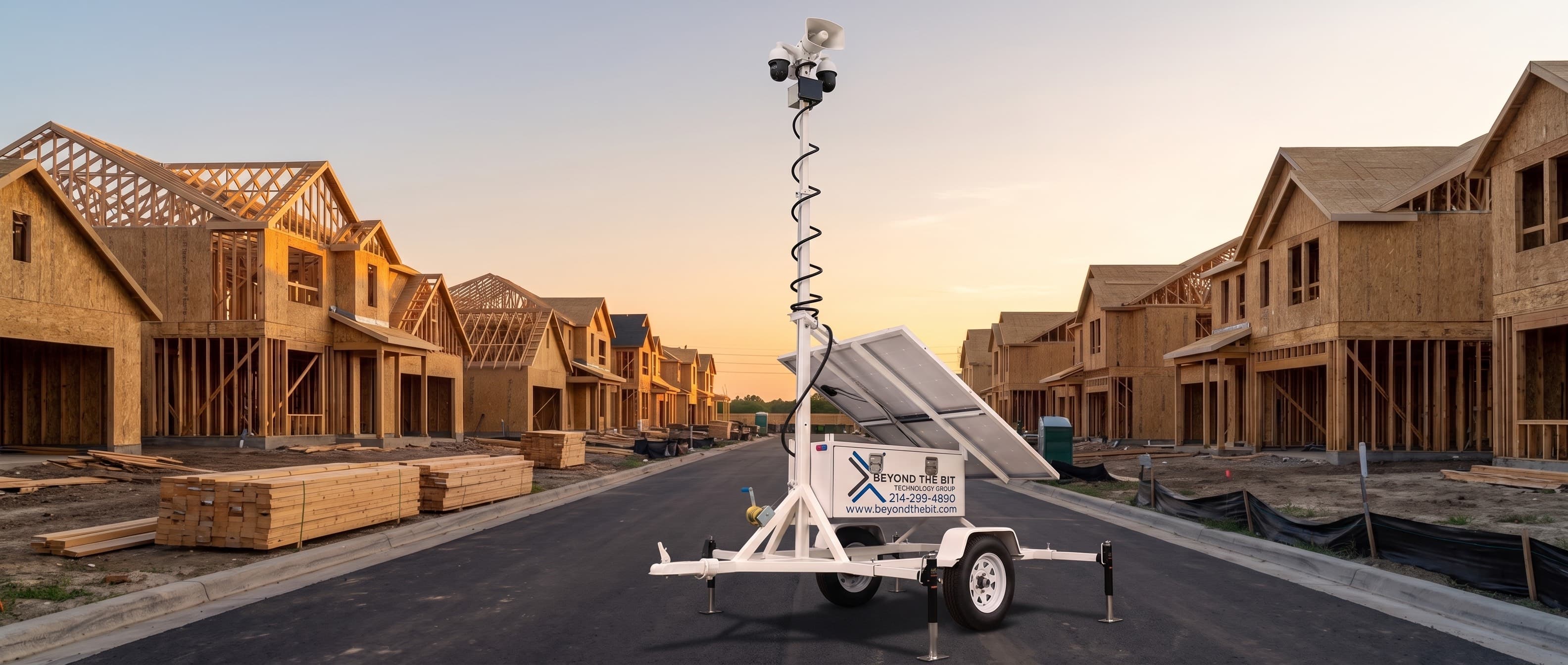 A Beyond the Bit security trailer on a new Frisco residential street at dusk, its camera mast fully extended into the sunset above rows of wood-framed houses and banded lumber.