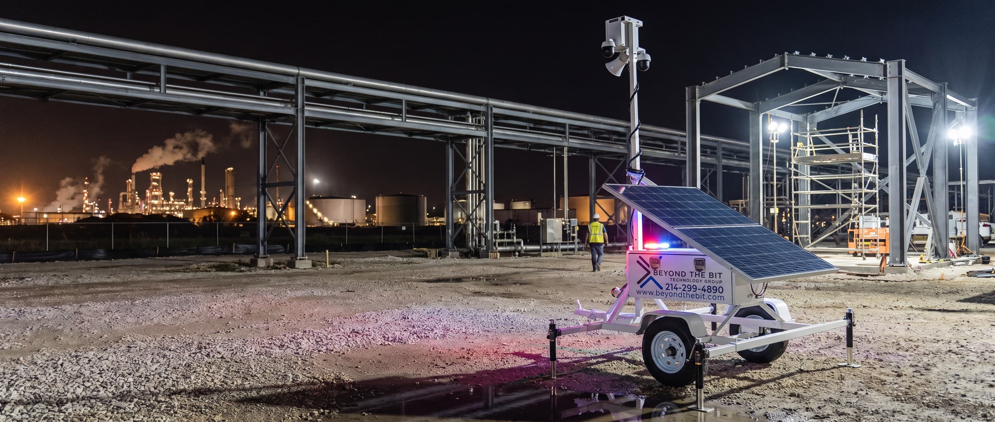 A Beyond the Bit security trailer with its camera mast fully raised on a heavy industrial construction pad at night, a pipe rack and steel frame beside it and a lit refinery on the horizon — typical of the Houston Ship Channel work we cover.