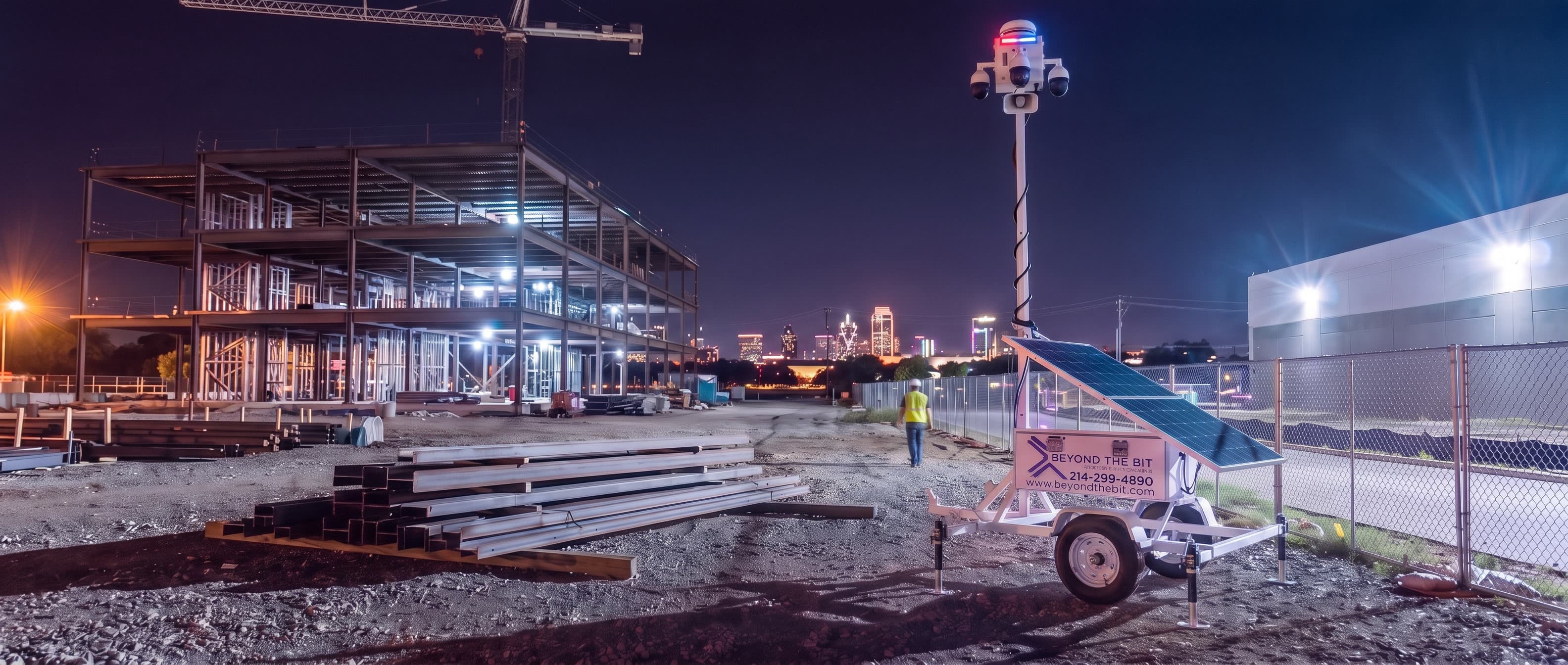 A Beyond the Bit security trailer at night on the gravel pad of a North Texas industrial site, camera mast fully raised beside staged steel beams, a multi-storey steel building frame and tower crane behind.