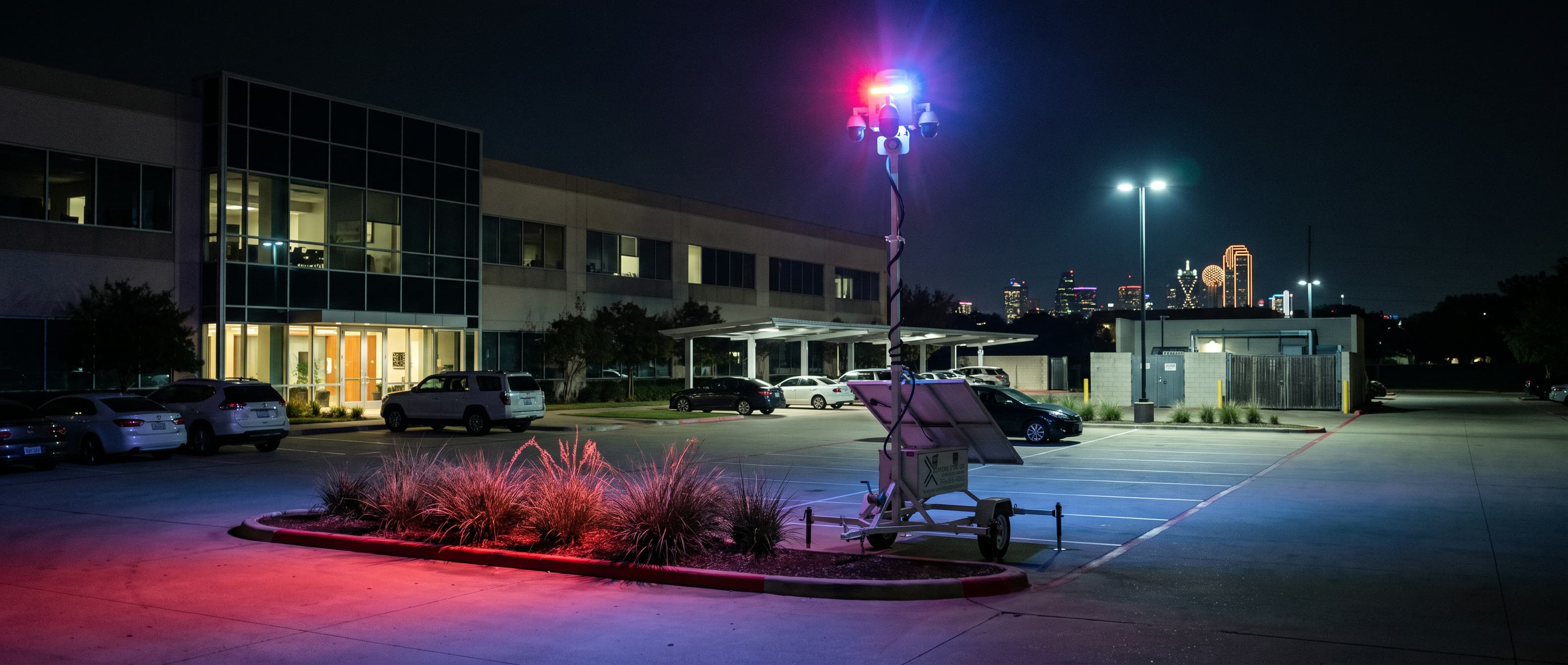 A Beyond the Bit security trailer at night on a Dallas office campus parking lot, camera mast fully raised and strobe lit, one unit standing in for coverage that can move between the properties in a portfolio.