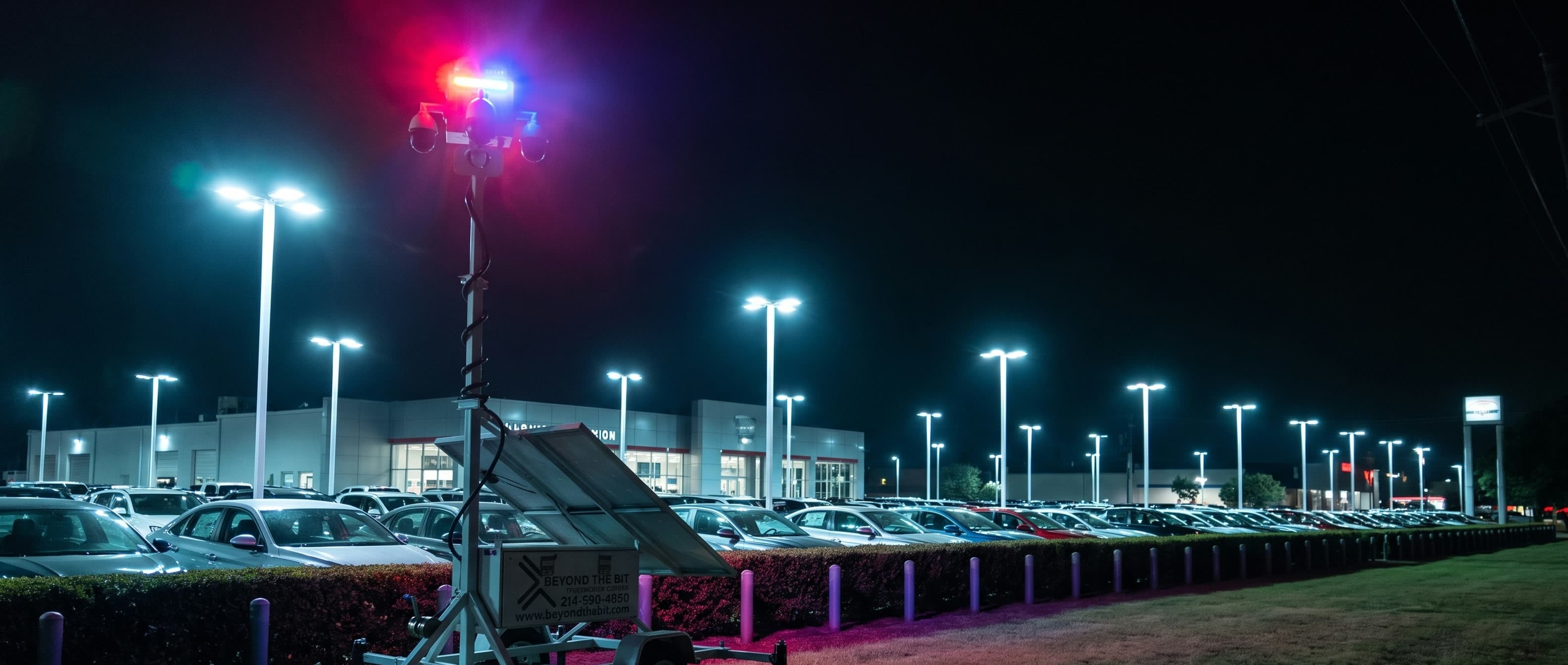 A Beyond the Bit security trailer at night on the grass perimeter strip of a car dealership, camera mast fully raised above the hedge line and its red-and-blue strobe lit, long rows of inventory vehicles standing under the lot lights behind it.