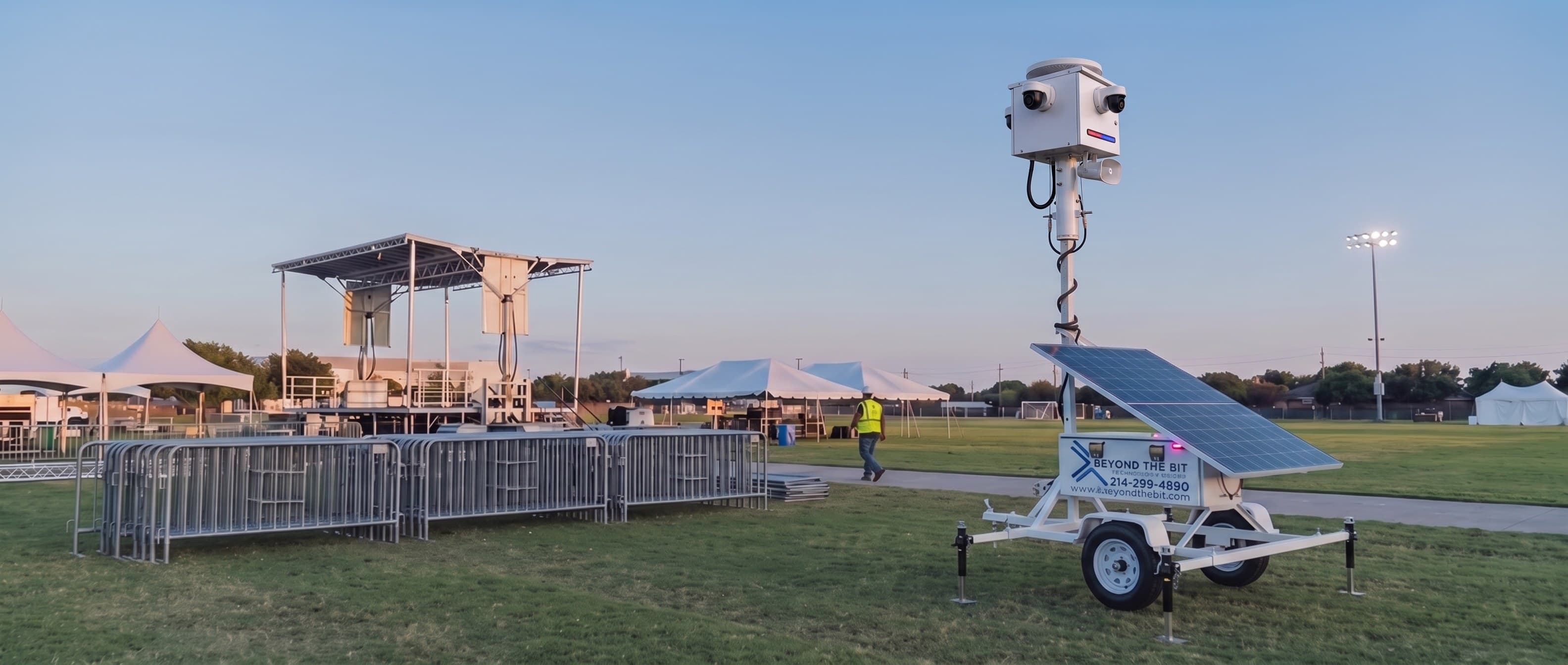 A Beyond the Bit security trailer at dusk on the grass edge of a municipal event ground, camera mast raised, a covered stage and rows of crowd barricades staged behind it before load-in.