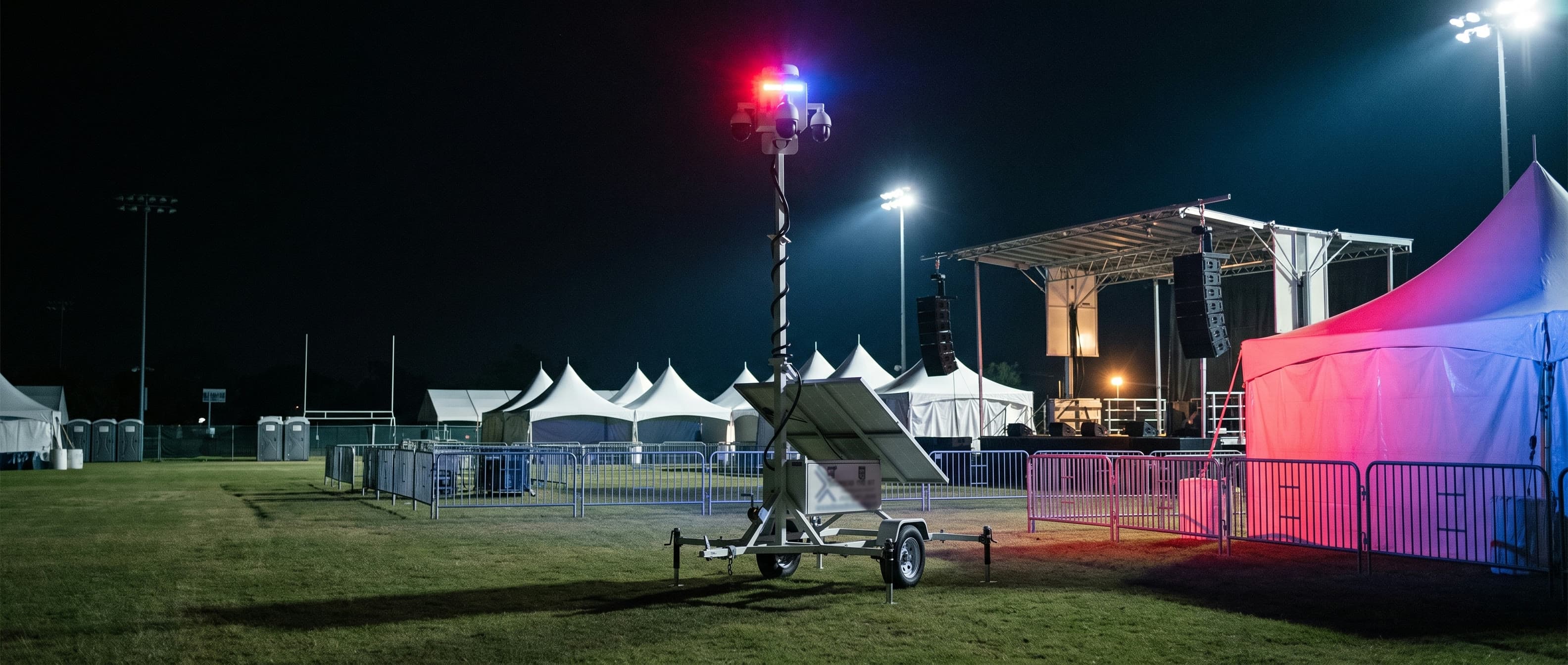 A Beyond the Bit security trailer at night on the grass at the edge of a municipal event ground, camera mast fully raised and its red-and-blue strobe lit, a covered stage, tent row and lines of crowd barricades standing empty behind it.