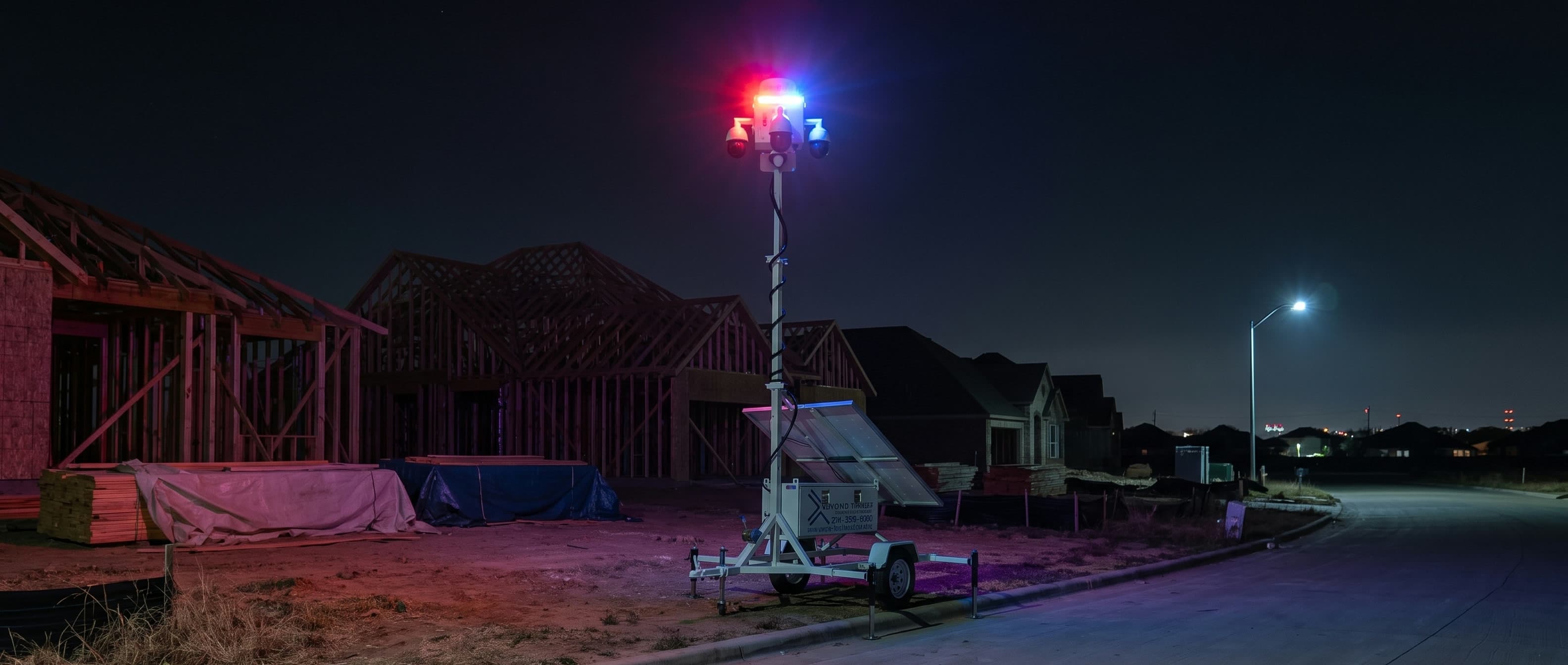 A Beyond the Bit security trailer at night on the dirt shoulder behind the curb of a new Frisco residential street, camera mast fully raised and its red-and-blue strobe lit, wood-framed houses standing dark behind it.