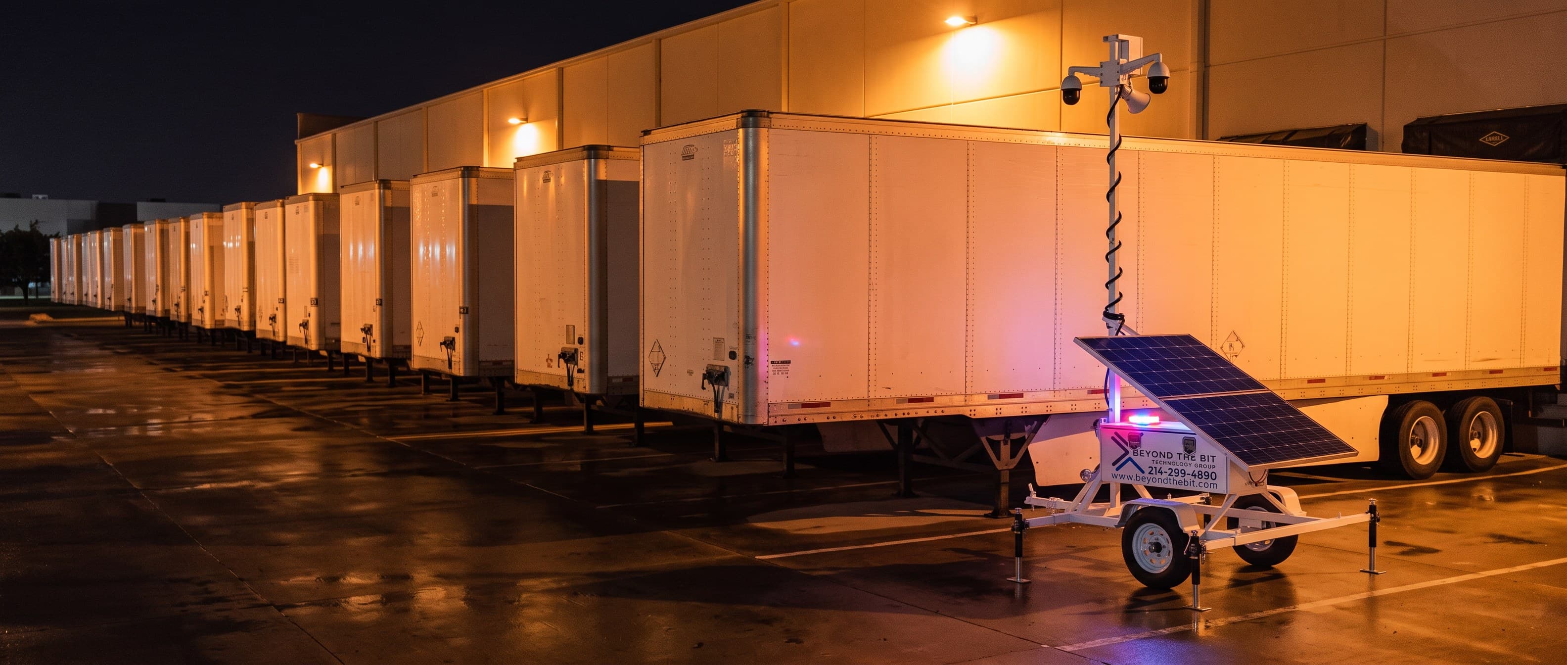 An elevated view of a Beyond the Bit security trailer at night in an Irving freight yard, camera mast fully extended under amber yard lights, a row of parked semi-trailers at the loading docks behind.