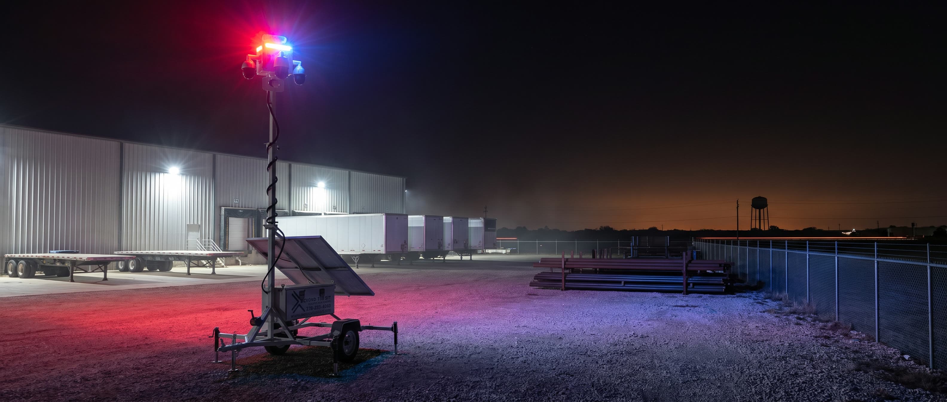 A Beyond the Bit security trailer at night on the crushed-rock margin of a fenced Central Texas industrial yard, camera mast fully raised and its red-and-blue strobe lit, a metal-clad warehouse dock face and parked flatbed trailers behind it.