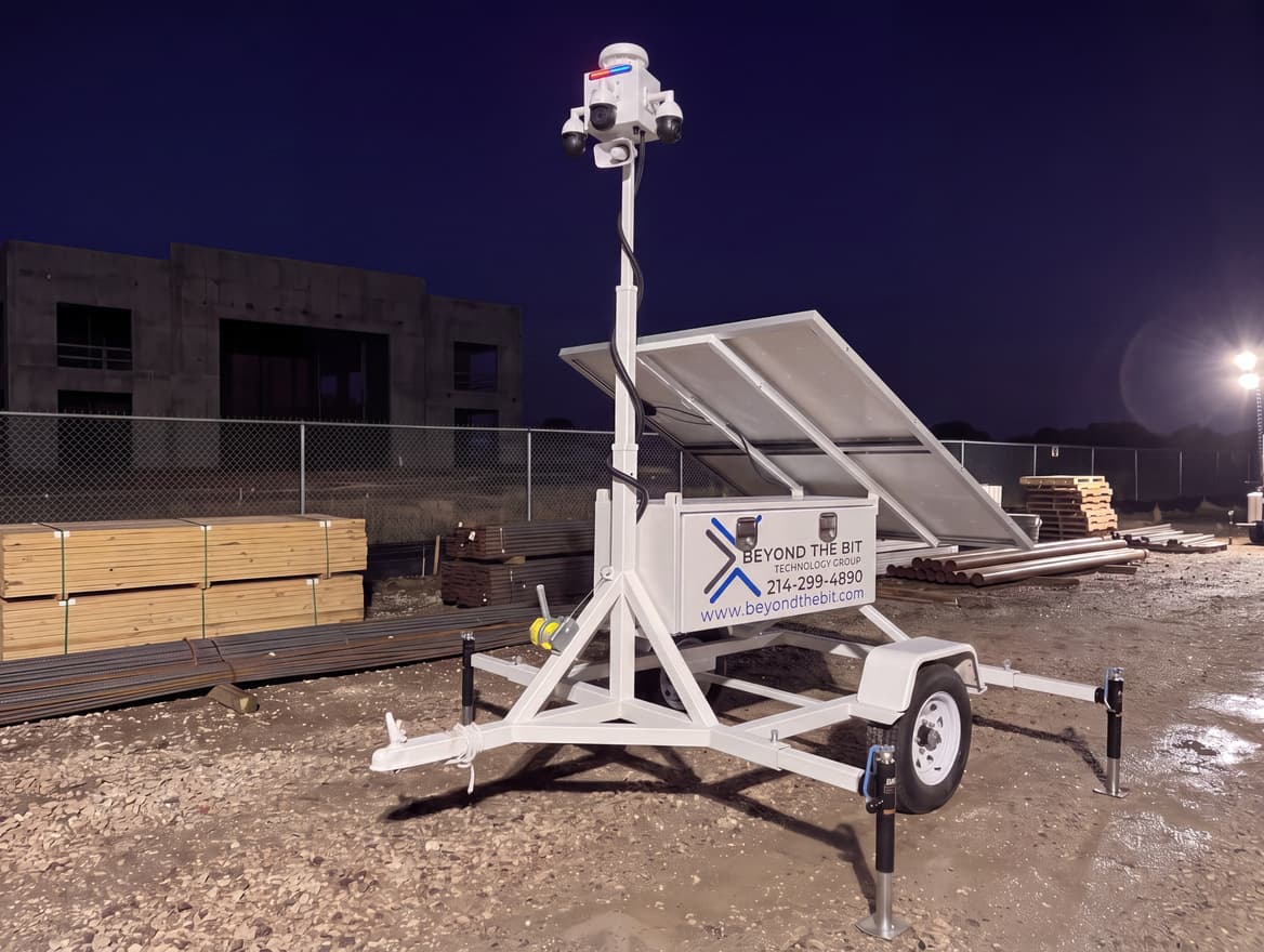 A Beyond the Bit security trailer standing watch at night in a construction laydown yard, its light bar lit, banded lumber and racked steel staged behind the fence.