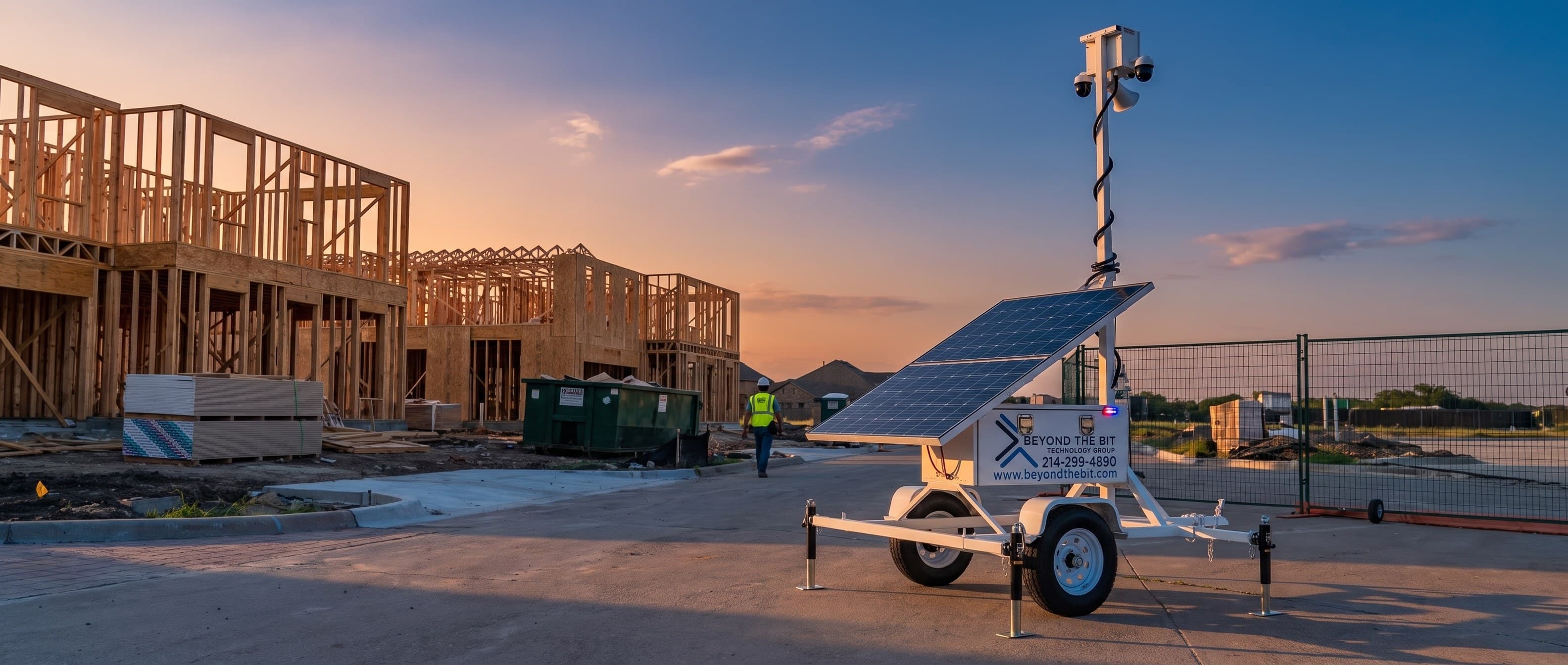 A Beyond the Bit security trailer at sunset on the new street of a McKinney townhome block still in open framing, camera mast fully raised, stacked drywall and a dumpster inside the fence.