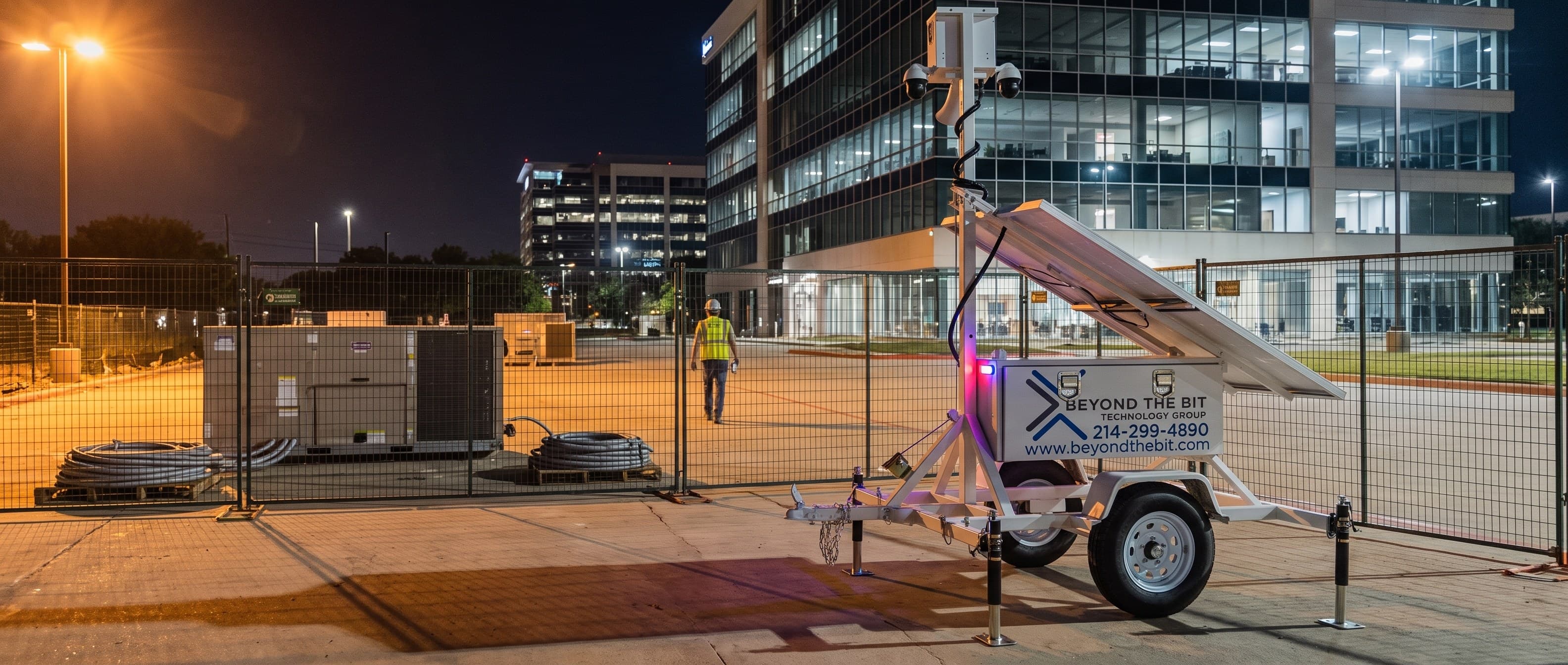 A Beyond the Bit security trailer at night on a fenced Richardson office-corridor pad, camera mast fully raised, rooftop units and coiled conduit staged on pallets, lit glass office floors behind.