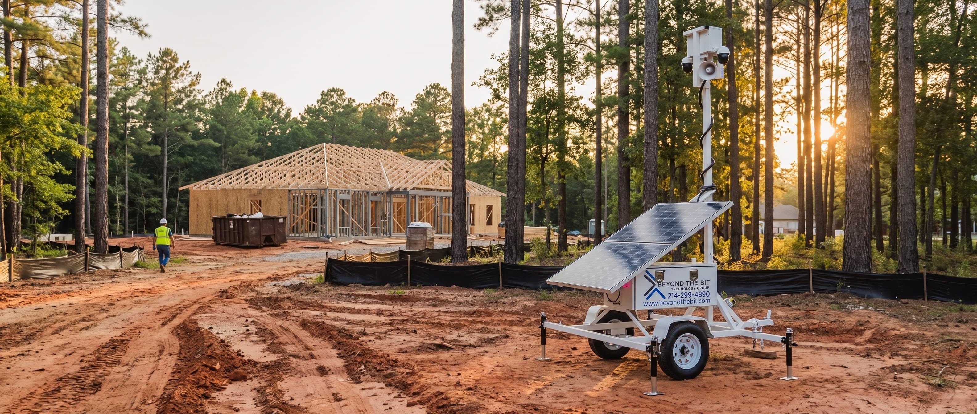 A Beyond the Bit security trailer at golden dusk on the red-clay pad of an East Texas medical office build, camera mast fully raised, loblolly pines and the framed single-storey building behind — representative of our Tyler-area work.
