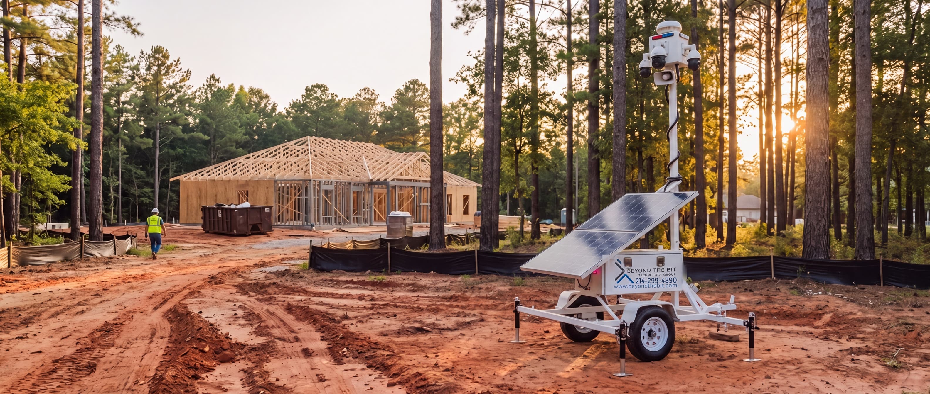 A Beyond the Bit security trailer at dusk on a pine-lined construction site near Tyler's medical district, camera mast raised against a rough-framed building under a darkening East Texas sky.