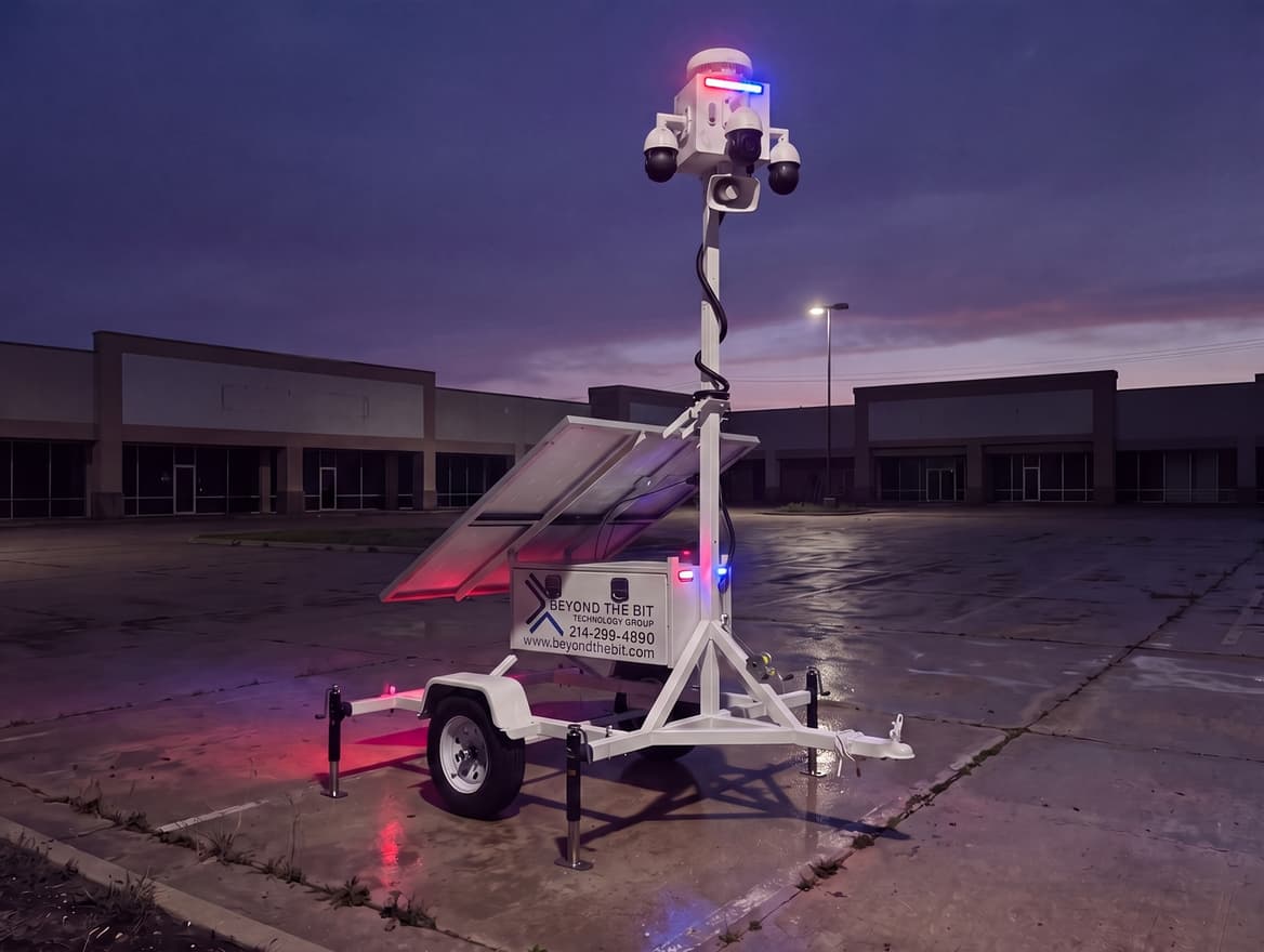 A vacant commercial property at dusk, the kind of unverified-alarm site where live video verification is what gets a Dallas police dispatch.