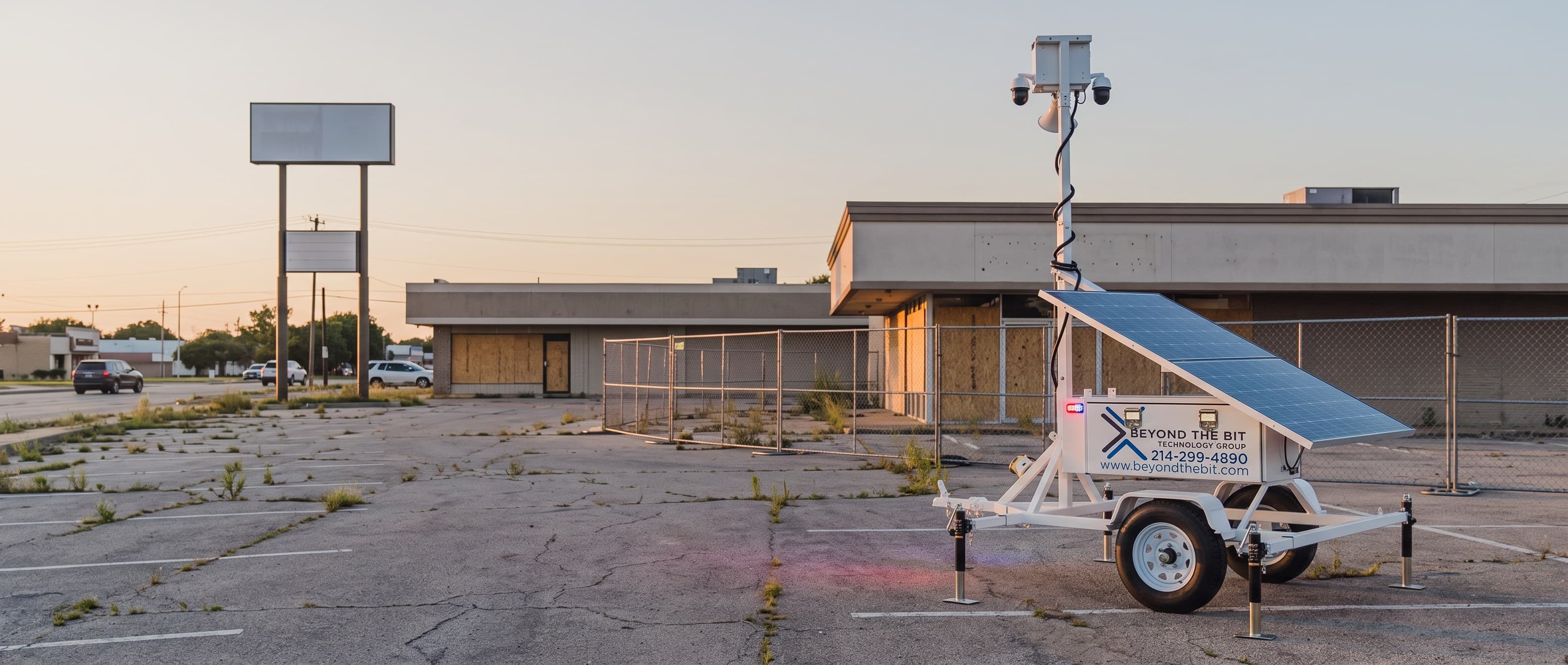 A Beyond the Bit security trailer standing alone at dusk in the empty parking lot of a vacant commercial building, camera mast fully raised, weeds through the cracked asphalt, plywood over the storefront and a blank pylon sign behind.