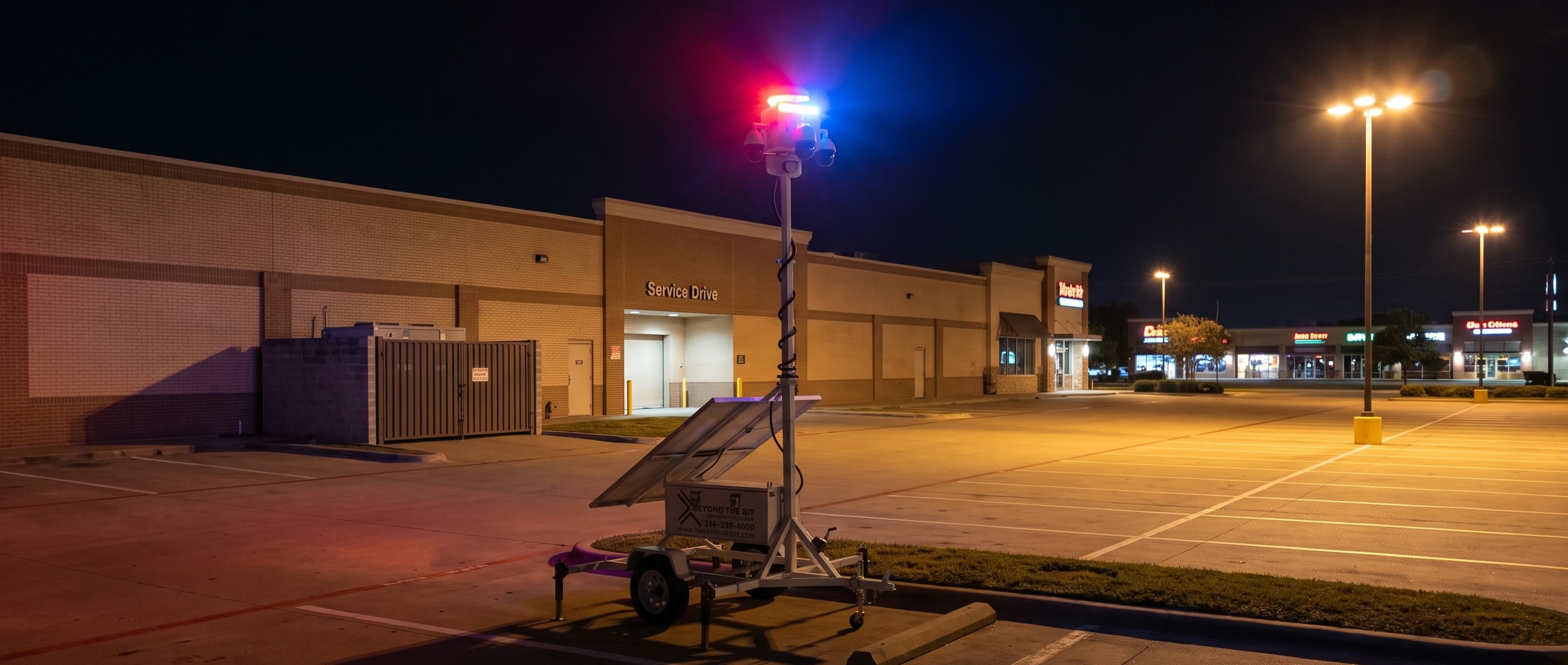 A security trailer at night in front of a vacant retail row, camera mast fully raised over the empty lot and the service drive behind it.